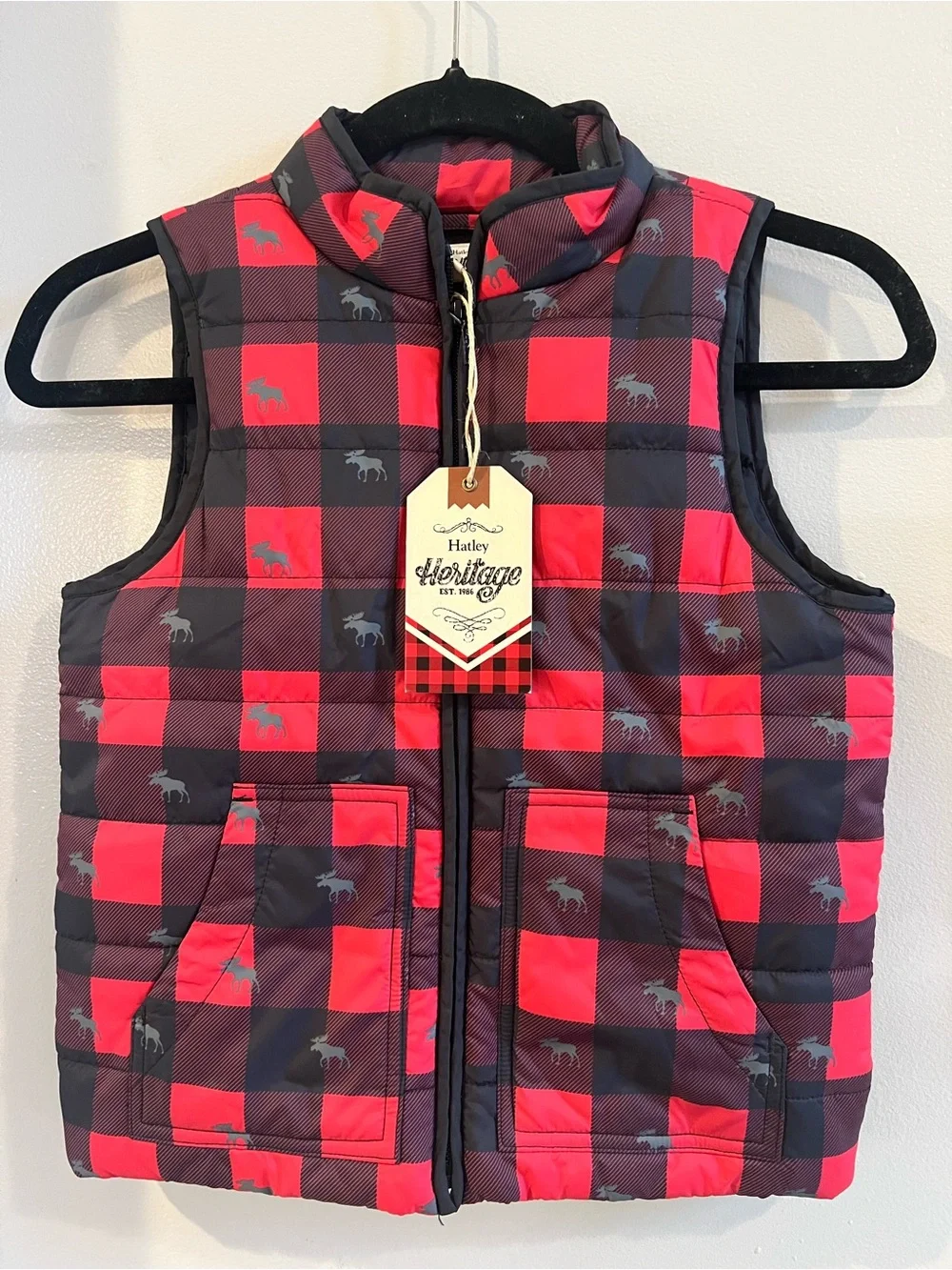 Hatley Heritage Boys Size 6 Buffalo Plaid Quilted Puffer Vest Moose NWT